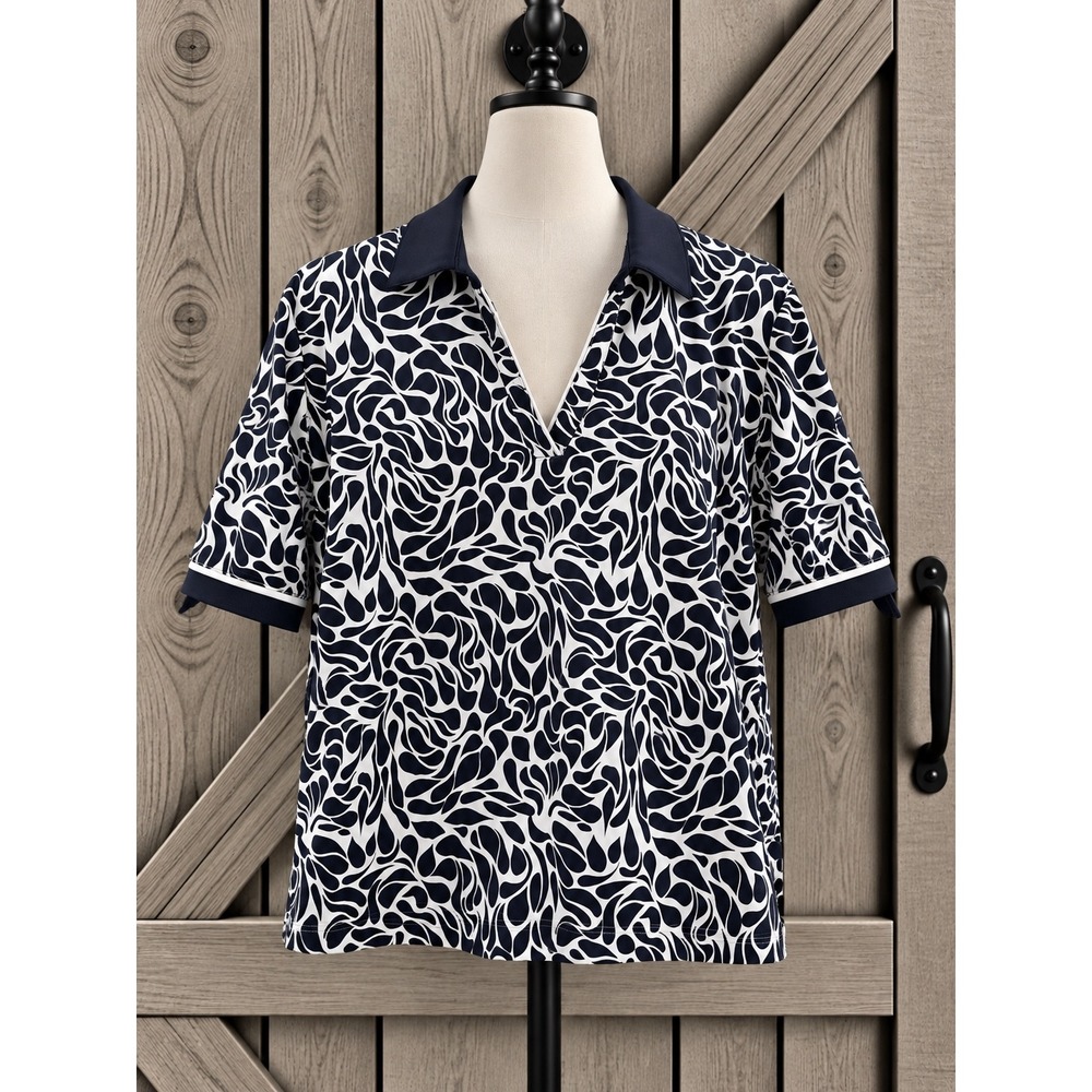 Abacus Golf Polo Top XL Navy White Abstract Print V-Neck Short Sleeve Tie Cuff